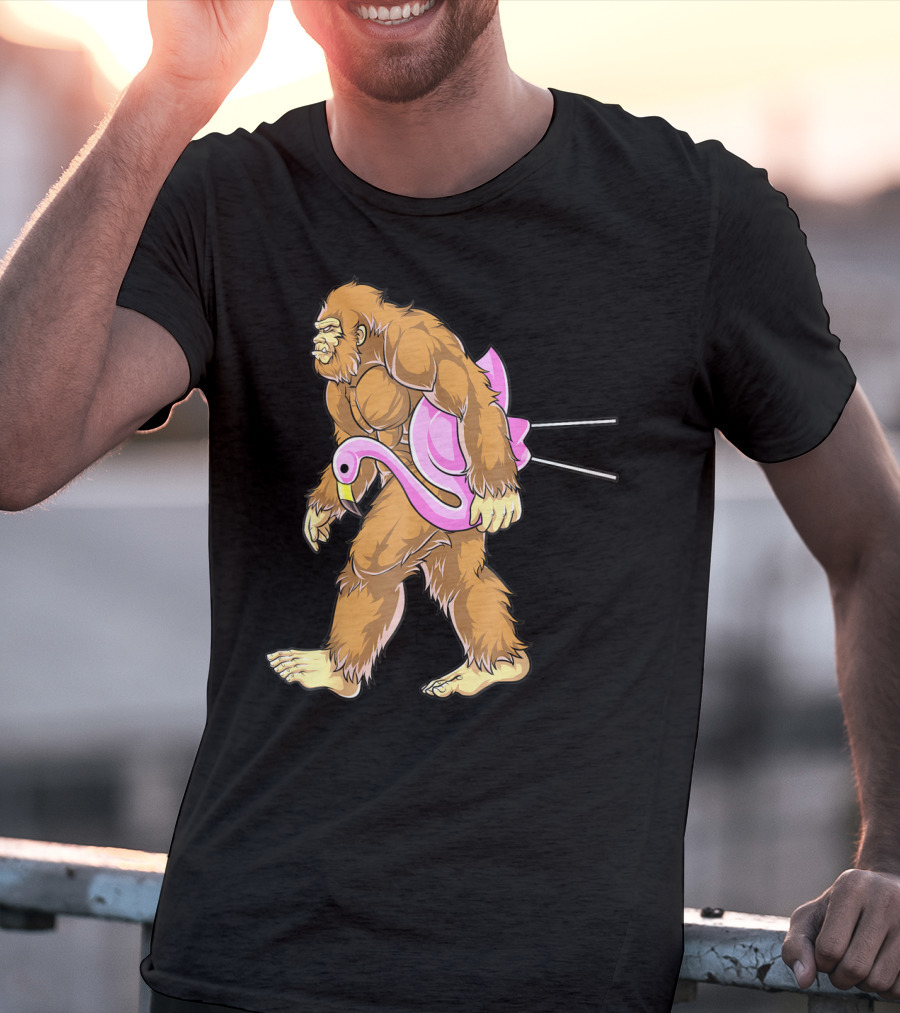 Bigfoot Carrying Pink Lawn Flamingo Humorous Sasquatch Image T-Shirt
