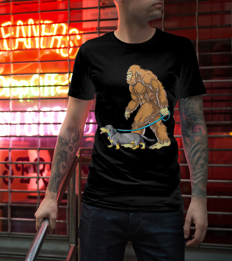 Bigfoot Sasquatch Walking Dachshund Dog T-Shirt