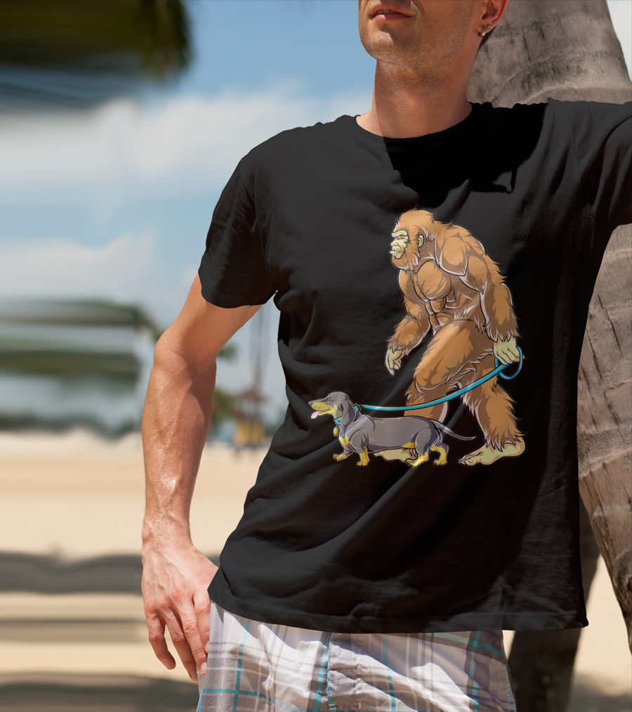 Bigfoot Sasquatch Walking Dachshund Dog T-Shirt