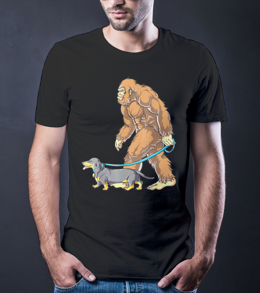 Bigfoot Sasquatch Walking Dachshund Dog T-Shirt