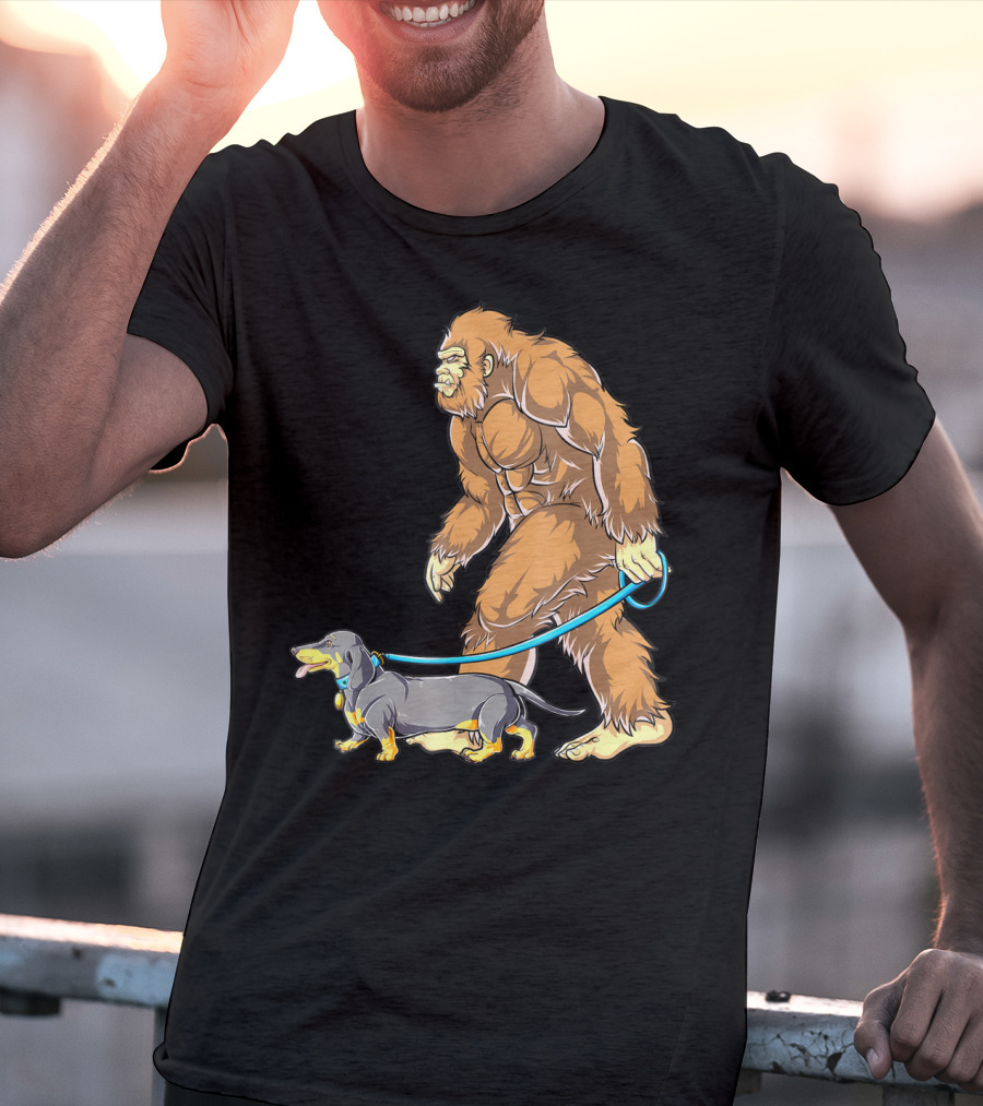 Bigfoot Sasquatch Walking Dachshund Dog T-Shirt