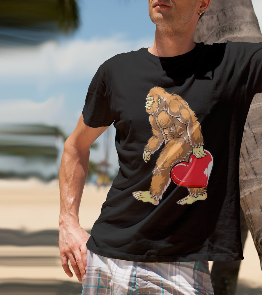 Valentine's Day Bigfoot Holding Heart Sasquatch Love For Men T-Shirt
