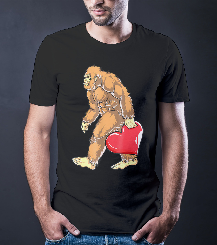 Valentine's Day Bigfoot Holding Heart Sasquatch Love For Men T-Shirt