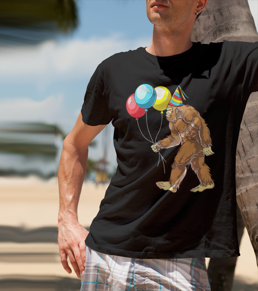 Bigfoot It's My Birthday Kids Boys Sasquatch Party With Balloons And Party Hat T-Shirt