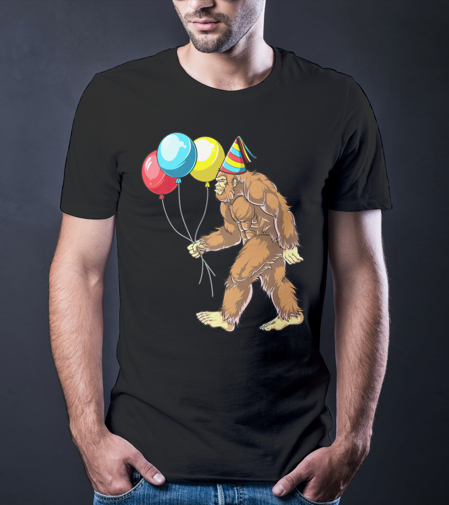 Bigfoot It's My Birthday Kids Boys Sasquatch Party With Balloons And Party Hat T-Shirt