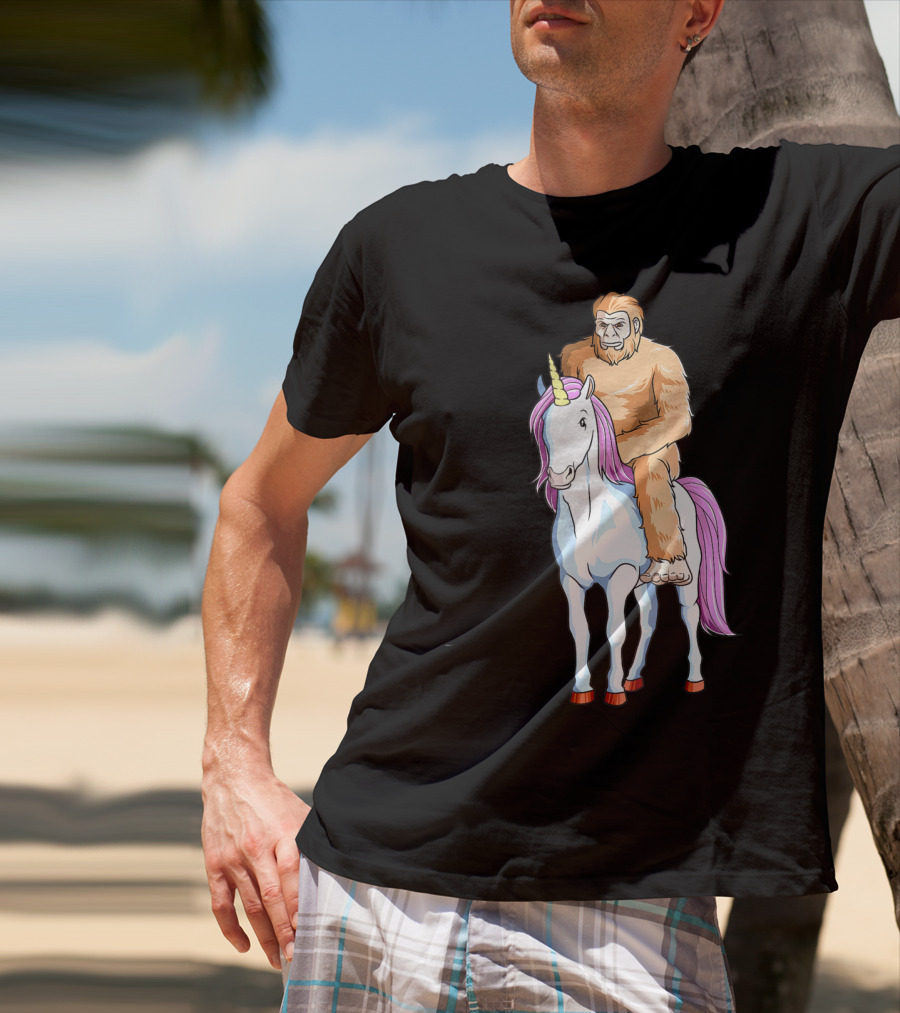 Bigfoot Sasquatch Riding Unicorn Mythical Creature Adventure T-Shirt