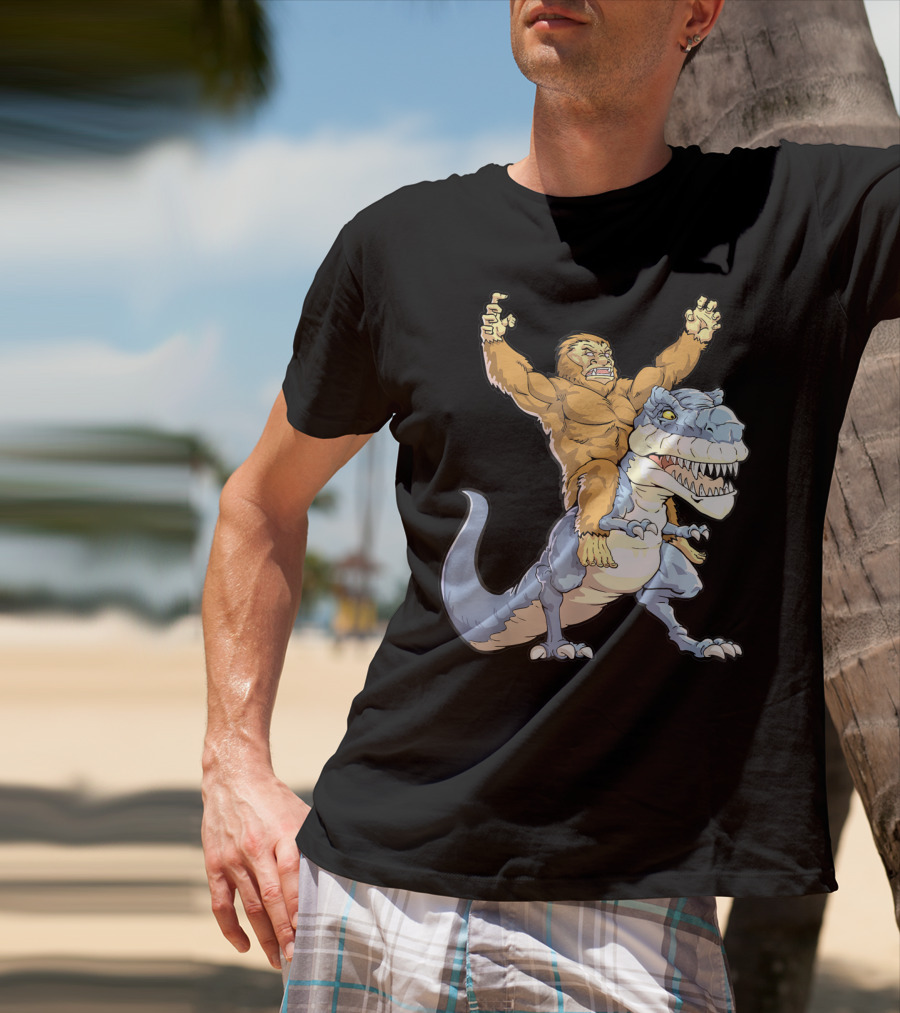 Bigfoot Sasquatch Riding Dinosaur Adventure T-Shirt