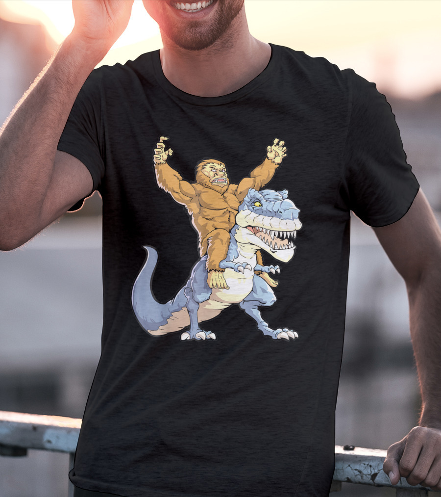Bigfoot Sasquatch Riding Dinosaur Adventure T-Shirt