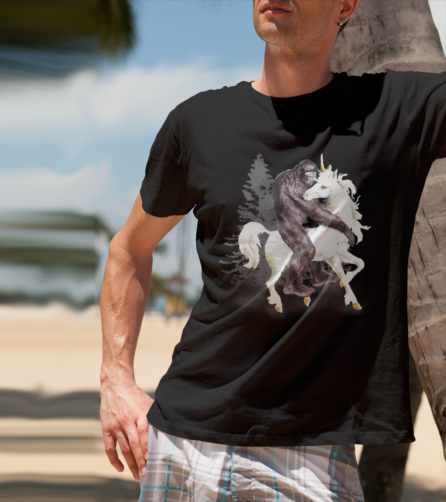 Bigfoot Sasquatch On A Unicorn In Mystical Forest Scene T-Shirt