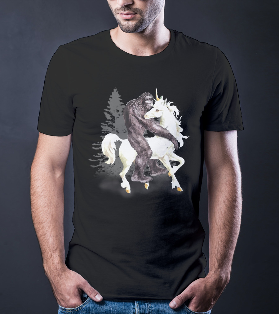 Bigfoot Sasquatch On A Unicorn In Mystical Forest Scene T-Shirt