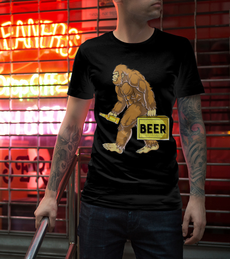 Bigfoot With Beer Funny Sasquatch Drinking Party Carrying Beer Box T-Shirt