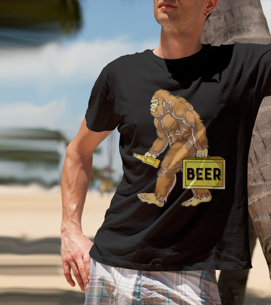 Bigfoot With Beer Funny Sasquatch Drinking Party Carrying Beer Box T-Shirt
