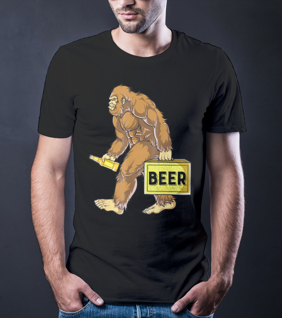 Bigfoot With Beer Funny Sasquatch Drinking Party Carrying Beer Box T-Shirt