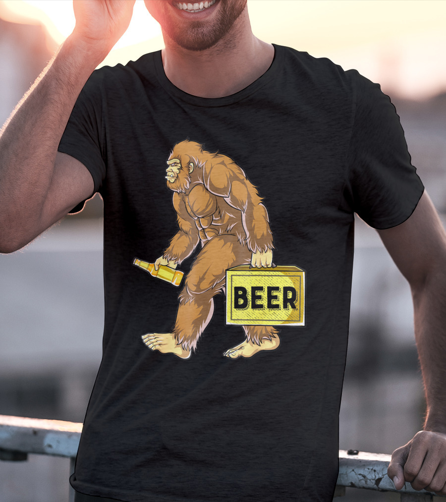Bigfoot With Beer Funny Sasquatch Drinking Party Carrying Beer Box T-Shirt