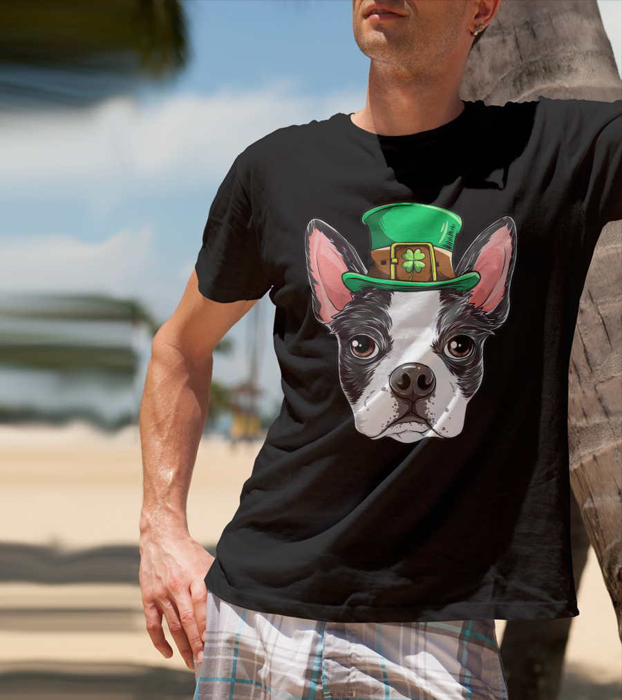 Boston Terrier St Patricks Day Leprechaun Dog With Green Hat T-Shirt