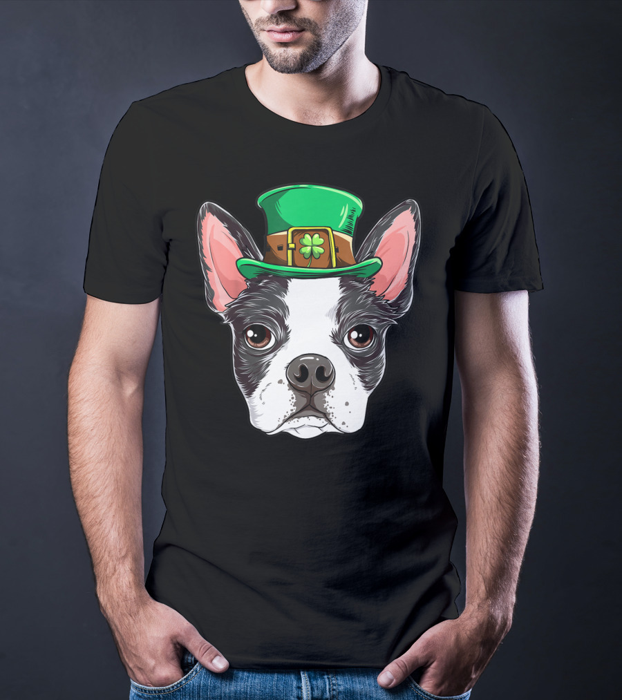Boston Terrier St Patricks Day Leprechaun Dog With Green Hat T-Shirt