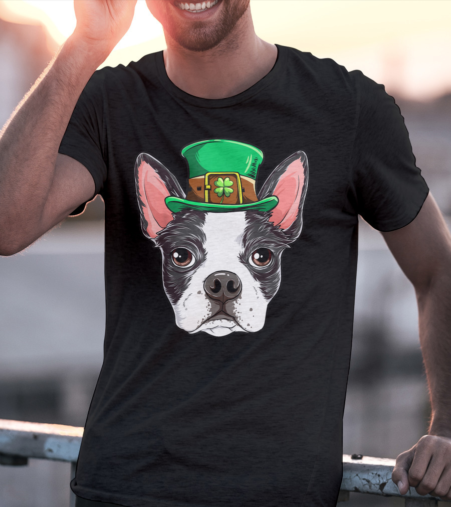 Boston Terrier St Patricks Day Leprechaun Dog With Green Hat T-Shirt