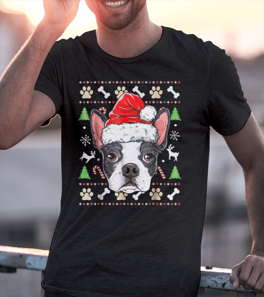 Boston Terrier Christmas Santa Hat Dog With Bones And Tree T-Shirt