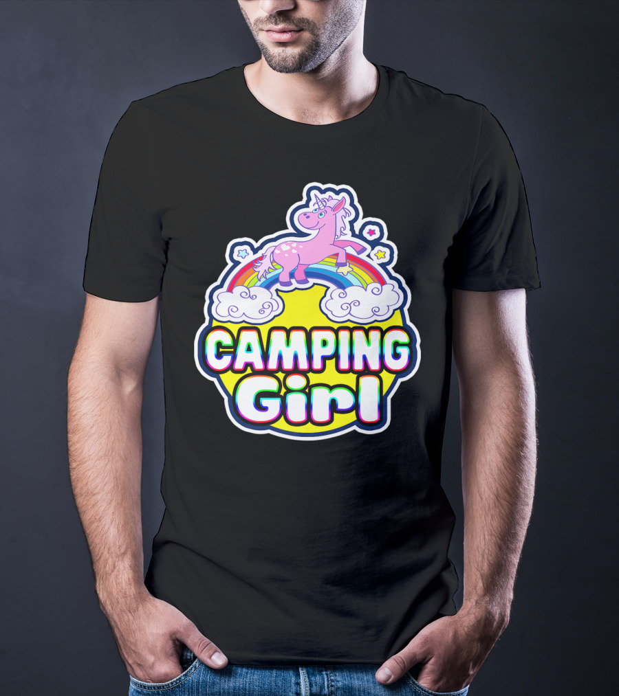 Camping Girl Rainbow Unicorn Cloud Adventure T-Shirt