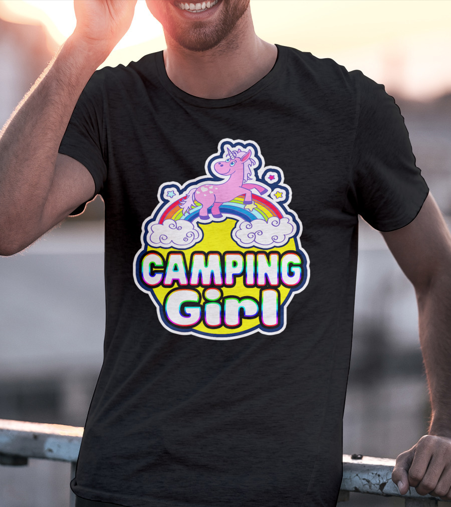 Camping Girl Rainbow Unicorn Cloud Adventure T-Shirt