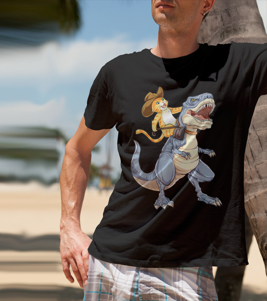 Cat In Cowboy Hat Riding Dinosaur Rex Purrassic Kitty Dino T-Shirt