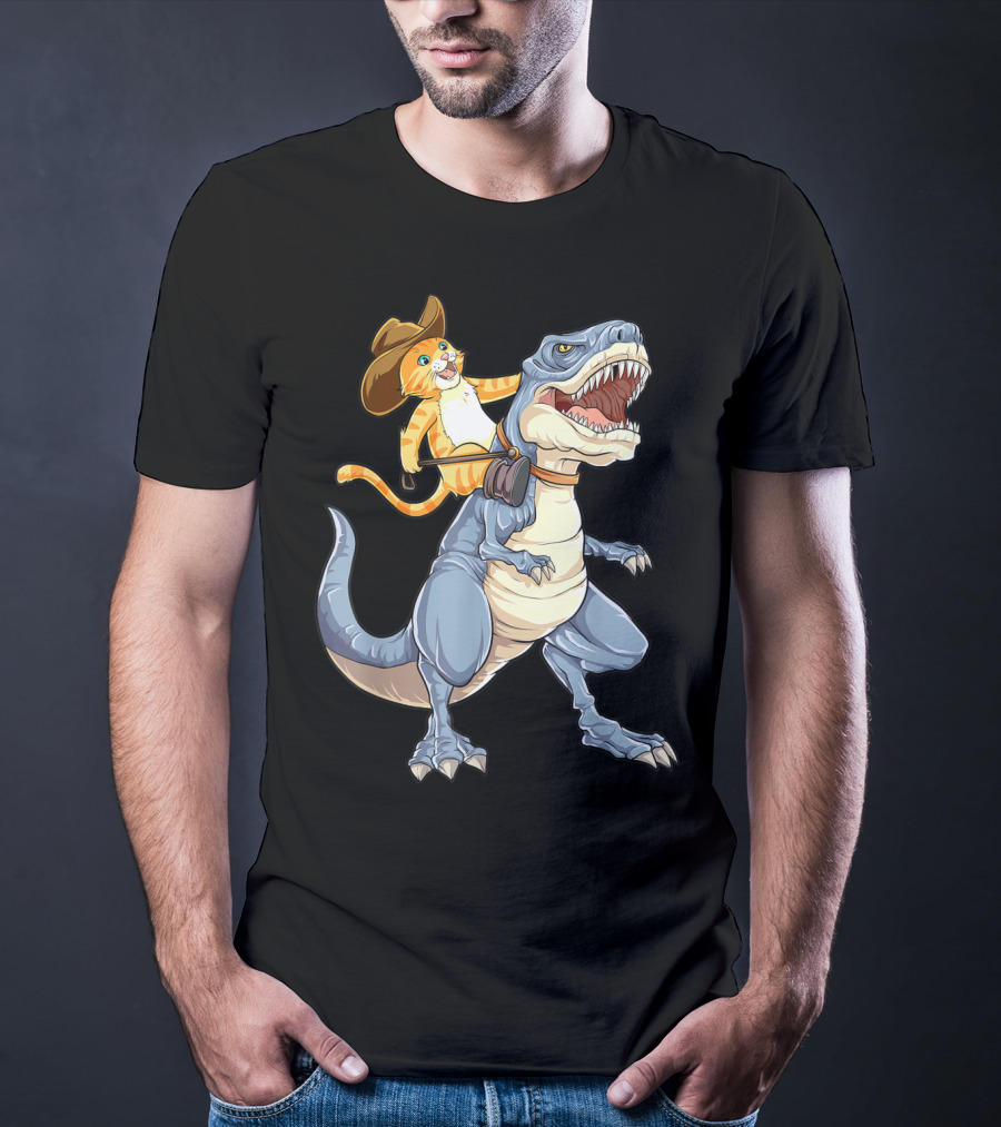 Cat In Cowboy Hat Riding Dinosaur Rex Purrassic Kitty Dino T-Shirt