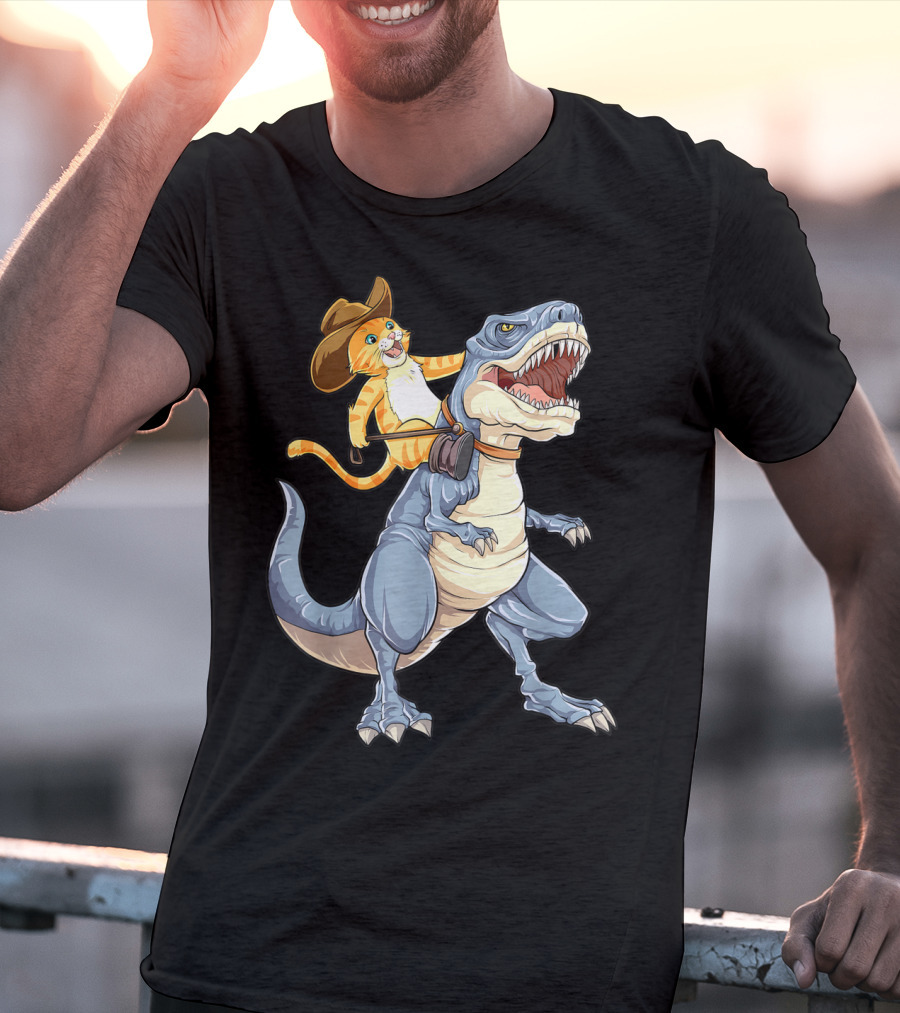 Cat In Cowboy Hat Riding Dinosaur Rex Purrassic Kitty Dino T-Shirt
