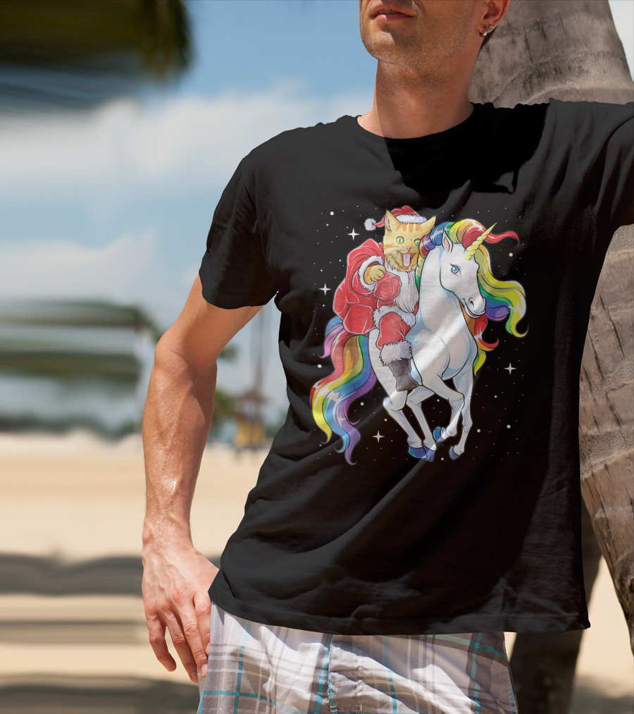 Meowy Cat Santa Riding Rainbow Unicorn Christmas Girls Women T-Shirt
