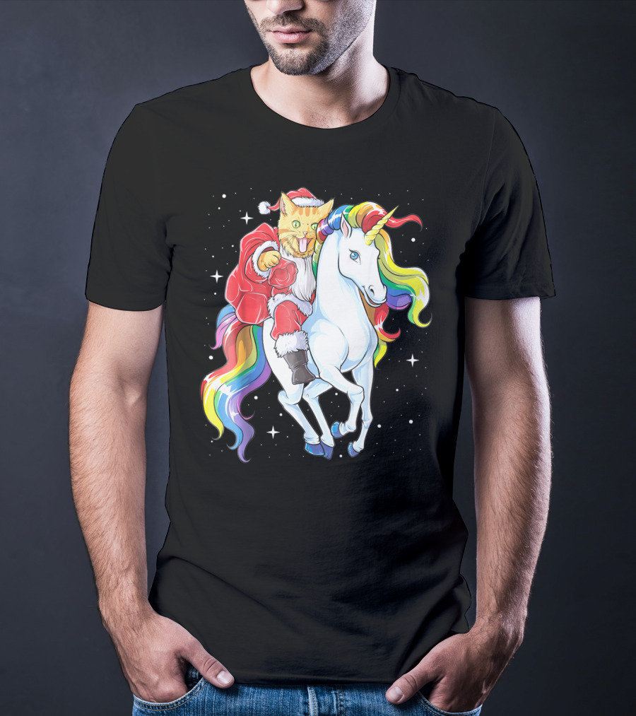 Meowy Cat Santa Riding Rainbow Unicorn Christmas Girls Women T-Shirt