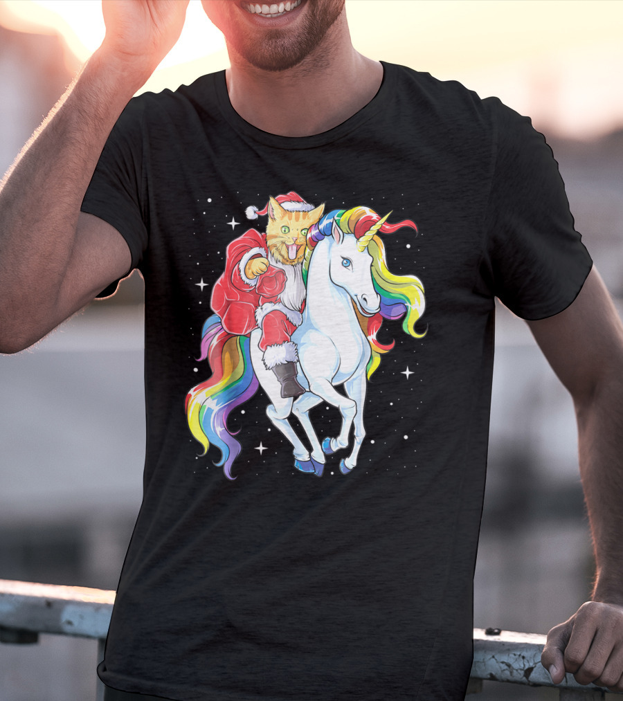 Meowy Cat Santa Riding Rainbow Unicorn Christmas Girls Women T-Shirt