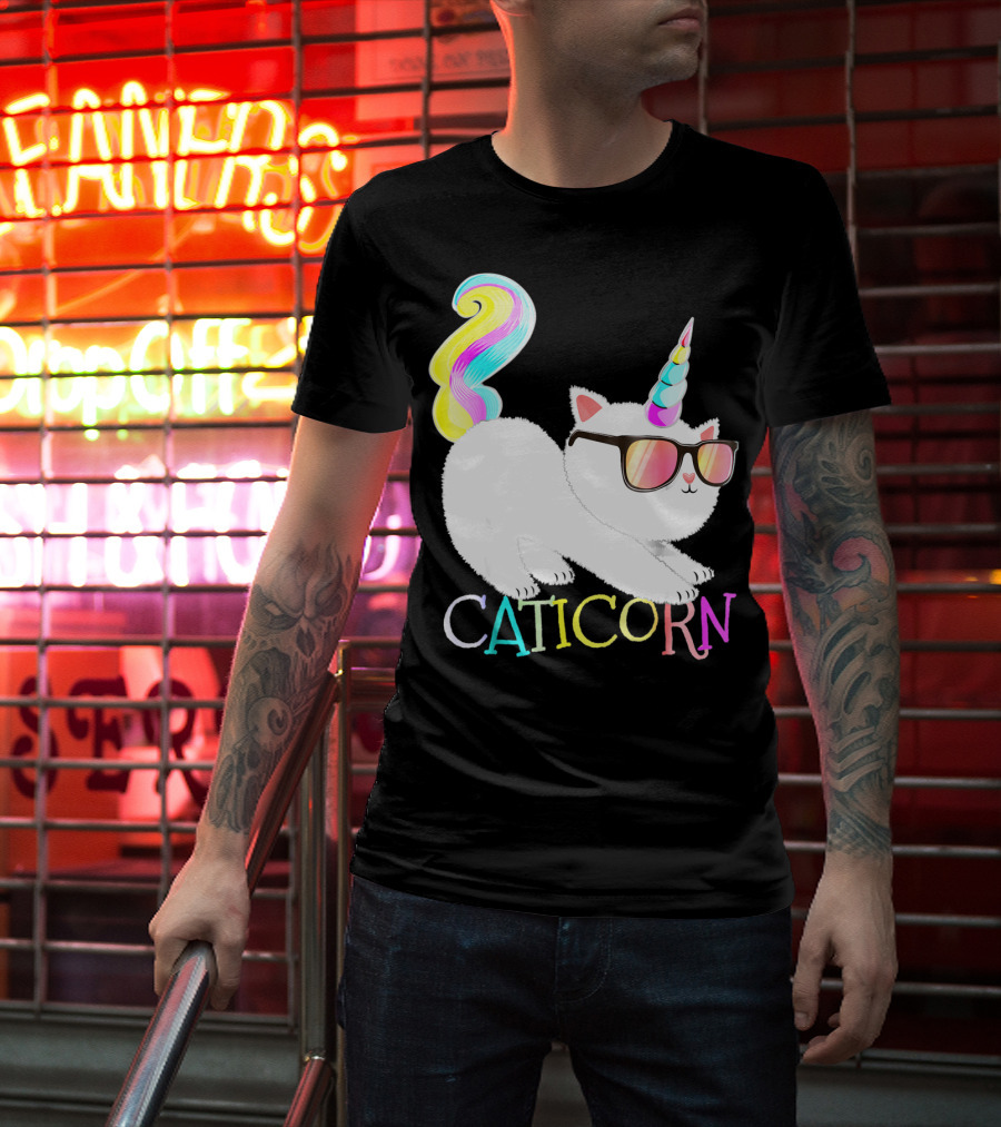Caticorn Rainbow Unicorn Cat Girls Sunglasses Colorful Mane T-Shirt