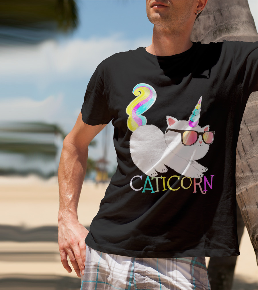 Caticorn Rainbow Unicorn Cat Girls Sunglasses Colorful Mane T-Shirt