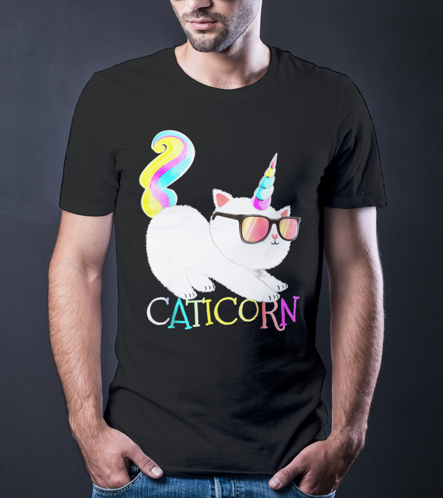 Caticorn Rainbow Unicorn Cat Girls Sunglasses Colorful Mane T-Shirt