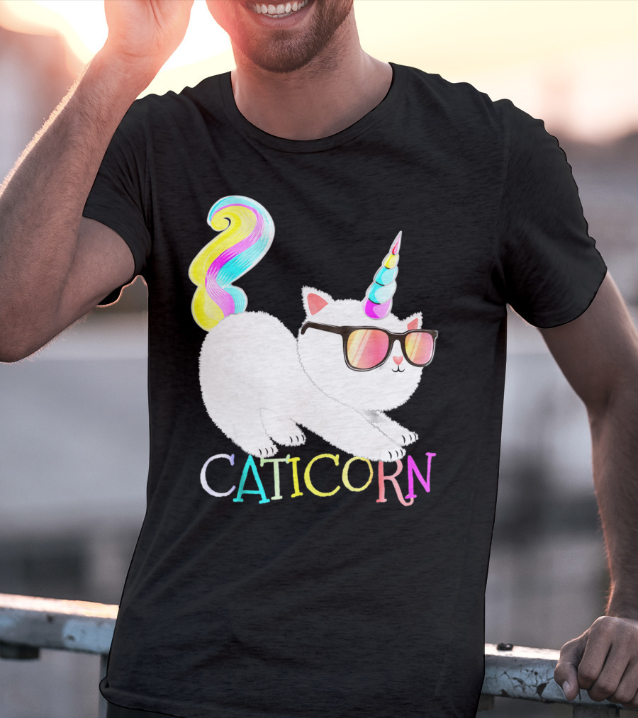 Caticorn Rainbow Unicorn Cat Girls Sunglasses Colorful Mane T-Shirt