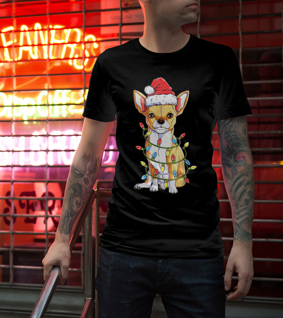 Chihuahua Christmas Santa Hat Holiday Lights Dog T-Shirt