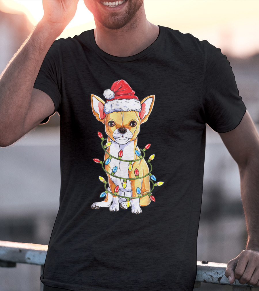 Chihuahua Christmas Santa Hat Holiday Lights Dog T-Shirt