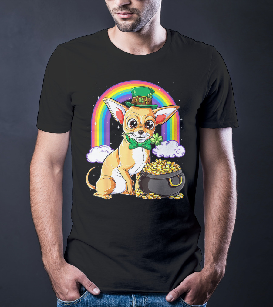 Chihuahua St Patricks Day Leprechaun Rainbow Pot Of Gold T-Shirt