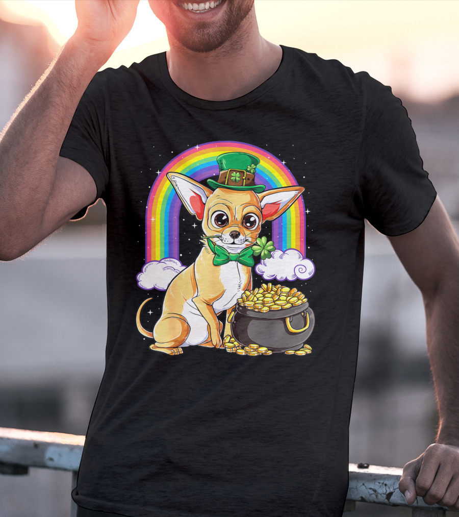 Chihuahua St Patricks Day Leprechaun Rainbow Pot Of Gold T-Shirt
