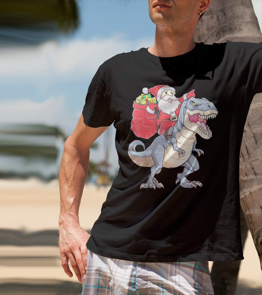 Christmas Santa Riding Dinosaur Rex With Presents T-Shirt