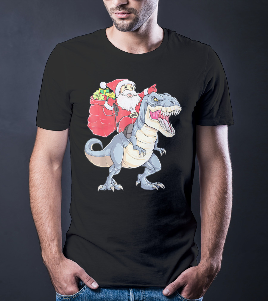 Christmas Santa Riding Dinosaur Rex With Presents T-Shirt