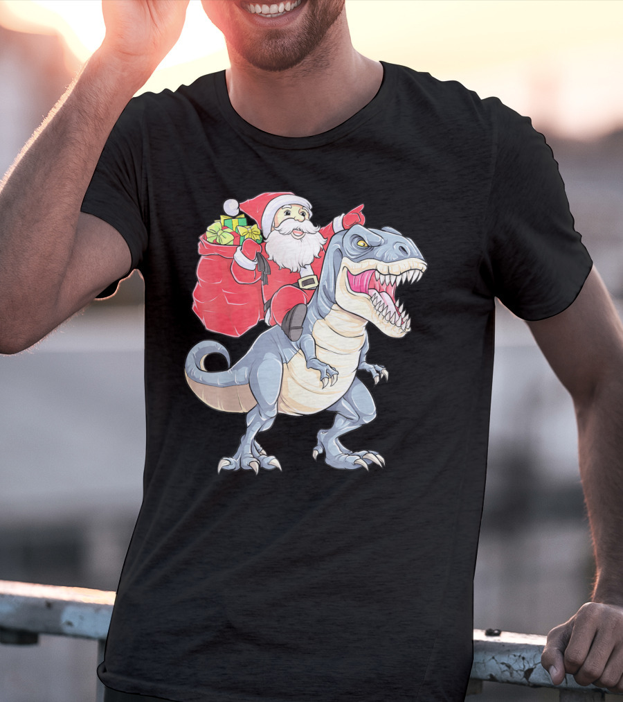 Christmas Santa Riding Dinosaur Rex With Presents T-Shirt