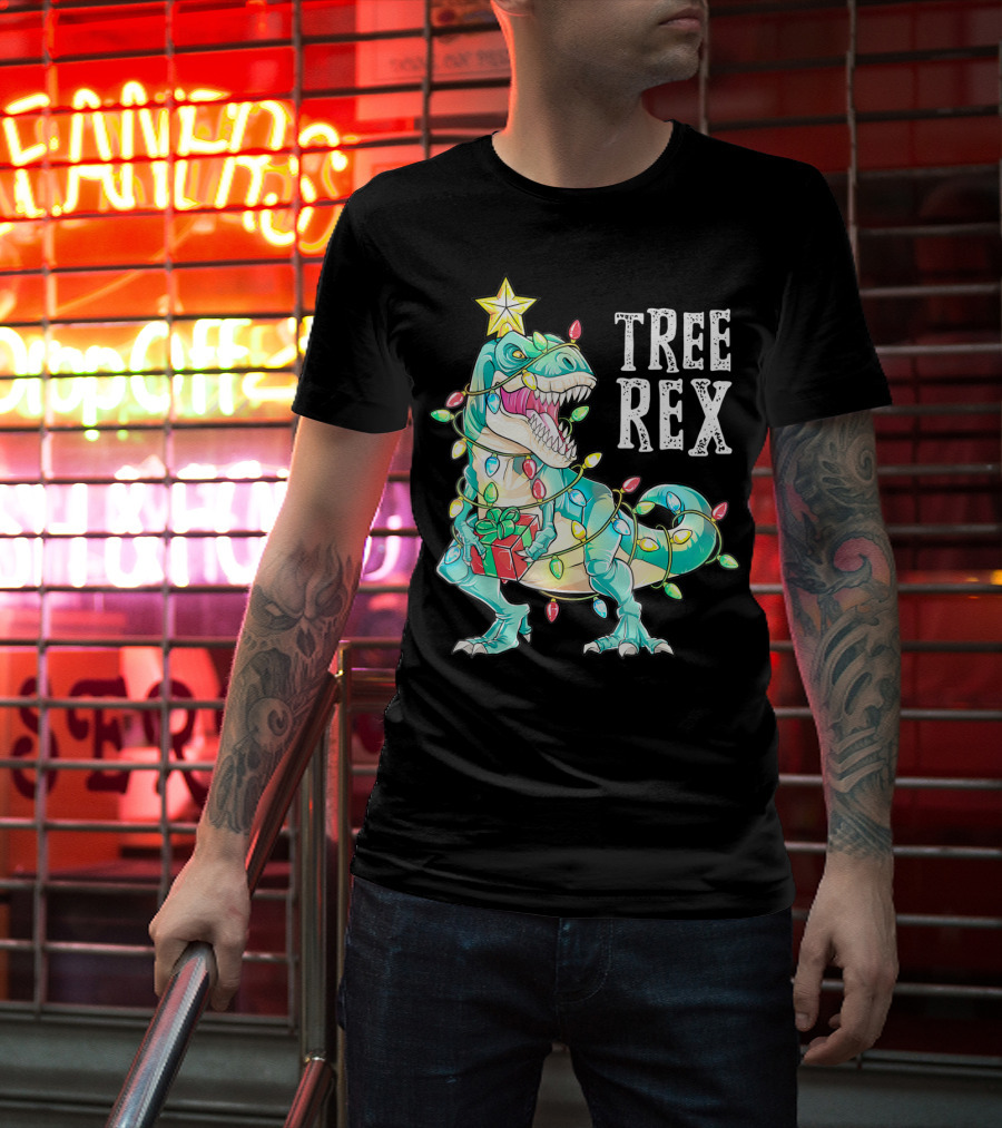 Tree Rex Christmas Kids Dinosaur Lights T-Shirt