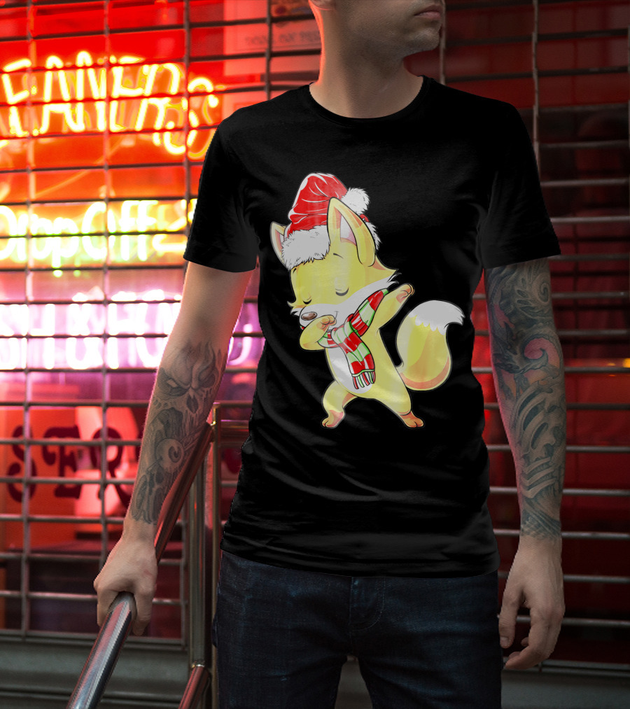 Christmas Fox Dabbing In Santa Hat And Scarf T-Shirt