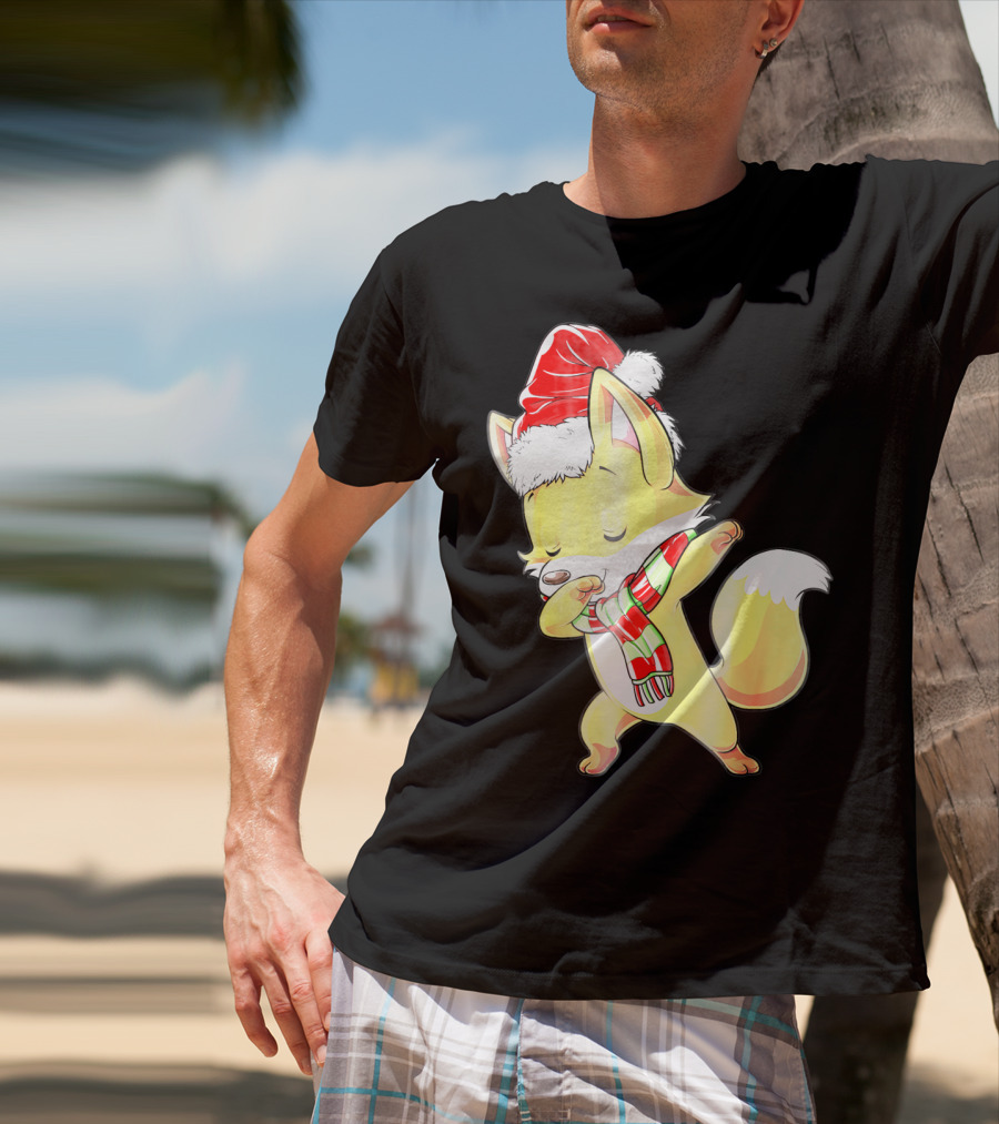 Christmas Fox Dabbing In Santa Hat And Scarf T-Shirt