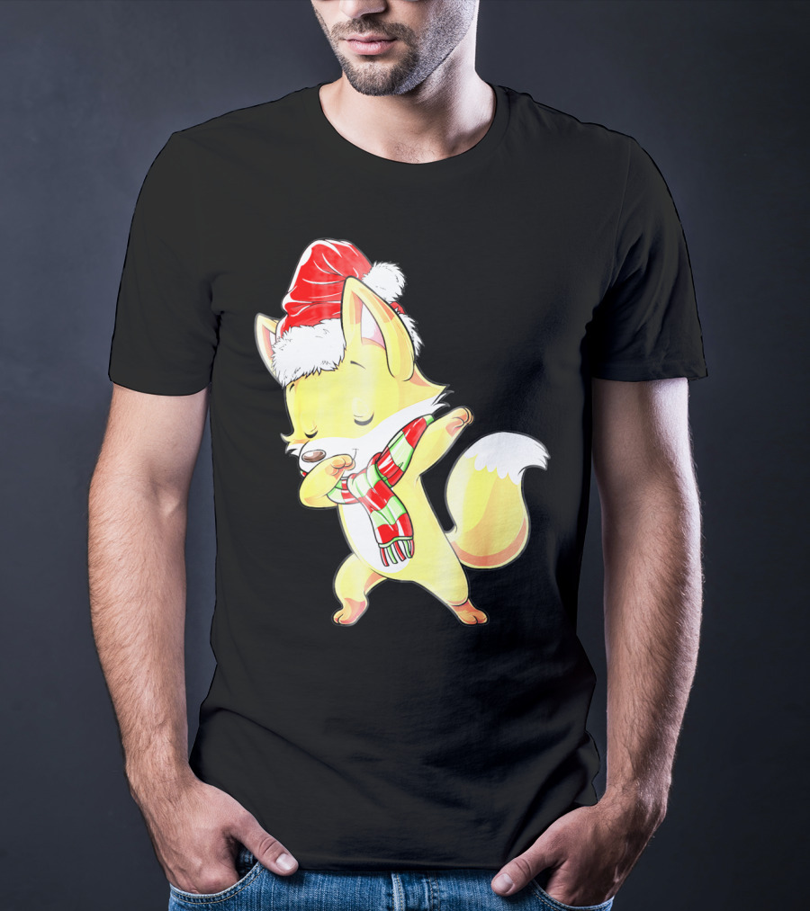 Christmas Fox Dabbing In Santa Hat And Scarf T-Shirt