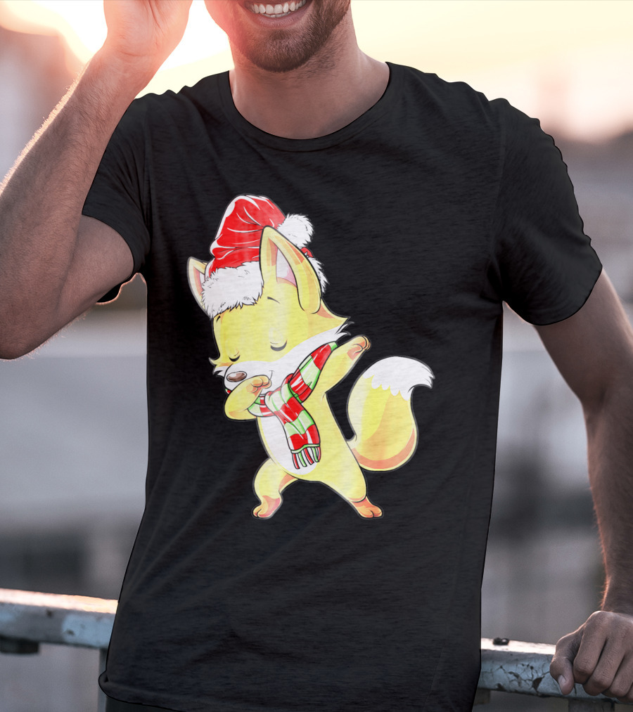 Christmas Fox Dabbing In Santa Hat And Scarf T-Shirt