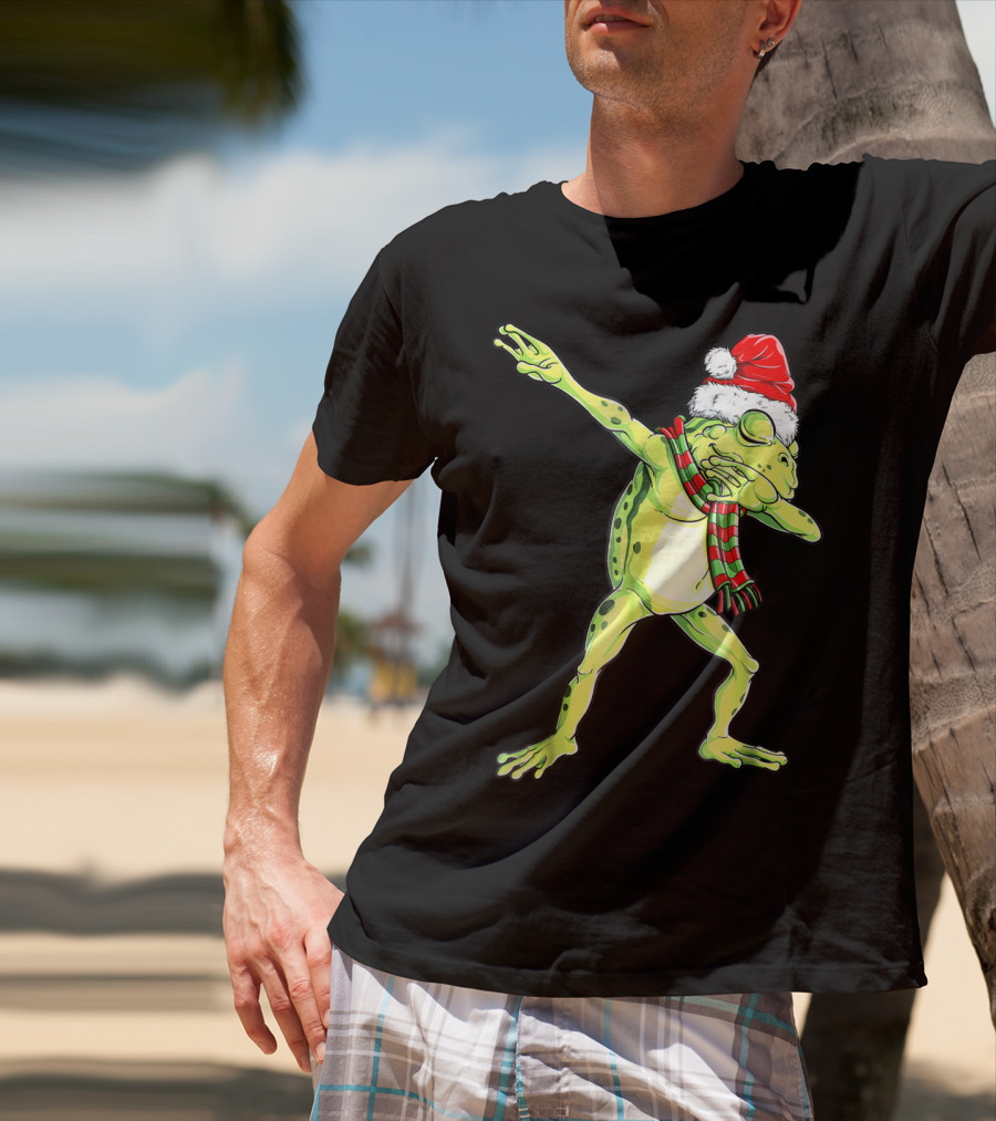 Dabbing Frog With Santa Hat And Scarf Christmas T-Shirt