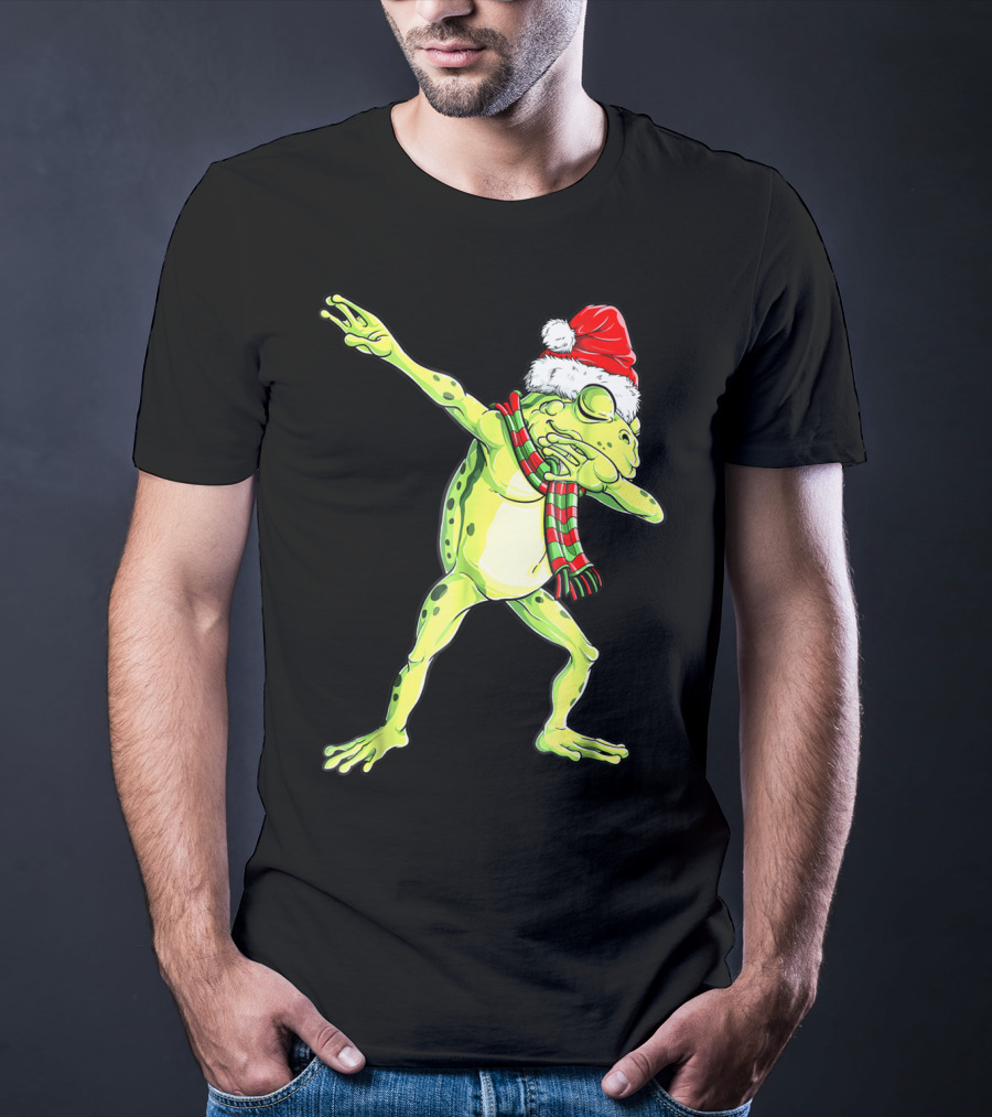 Dabbing Frog With Santa Hat And Scarf Christmas T-Shirt