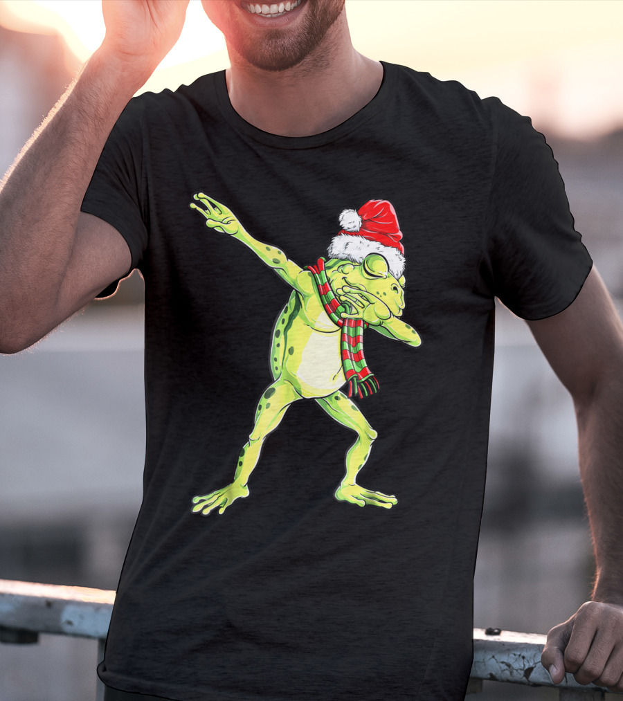 Dabbing Frog With Santa Hat And Scarf Christmas T-Shirt