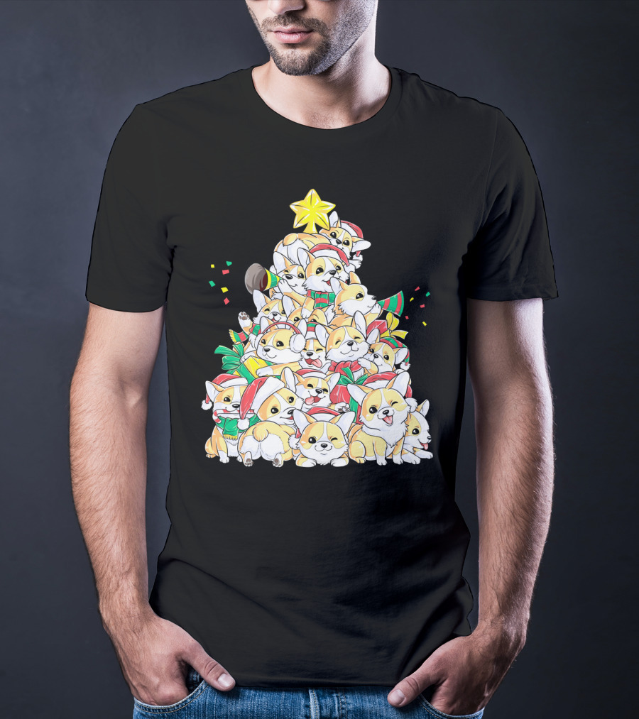 Corgi Christmas Merry Corgmas Xmas Tree Santa Hats T-Shirt